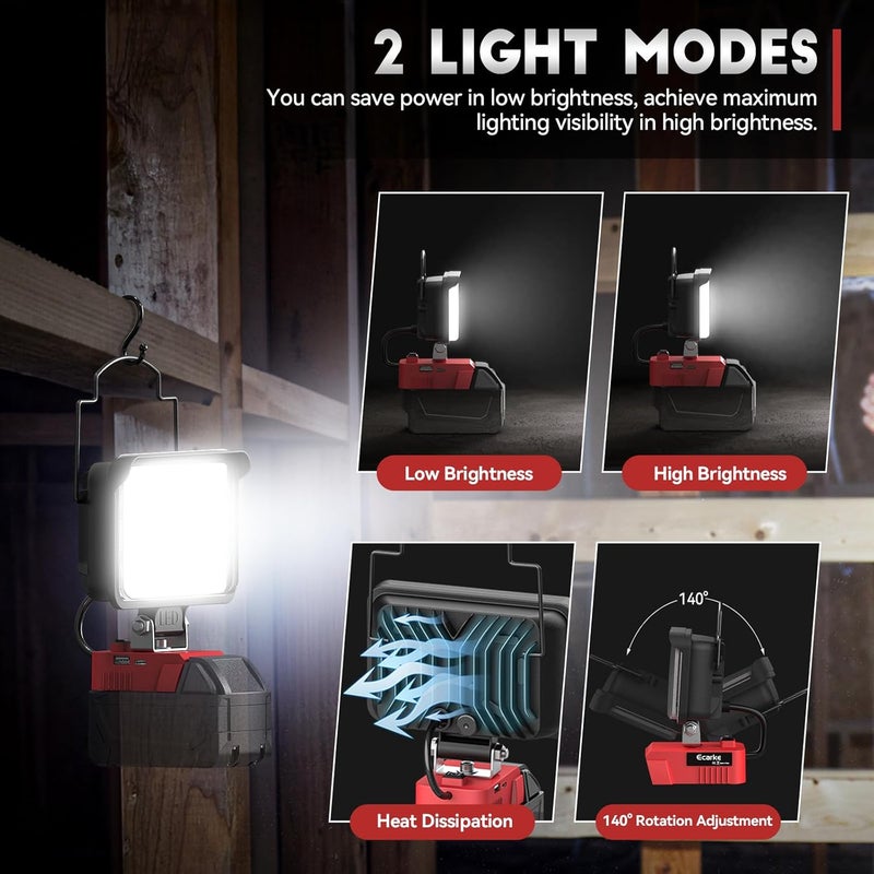 Ecarke LED Work Light Compatible with Milwaukee18V Battery, 128W Cordless Work Lights 12800LM of Flashlight Battery Light with Low Voltage Protection & Type-C & USB-A Charger Port - Image 3